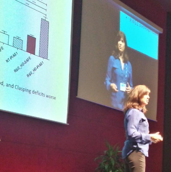 Leslie Thompson de la Universidad de Irvine fue una de las ponentes de hoy. Su equipo estudia la proteína huntingtina mutada y la forma de reducir sus efectos dañinos.