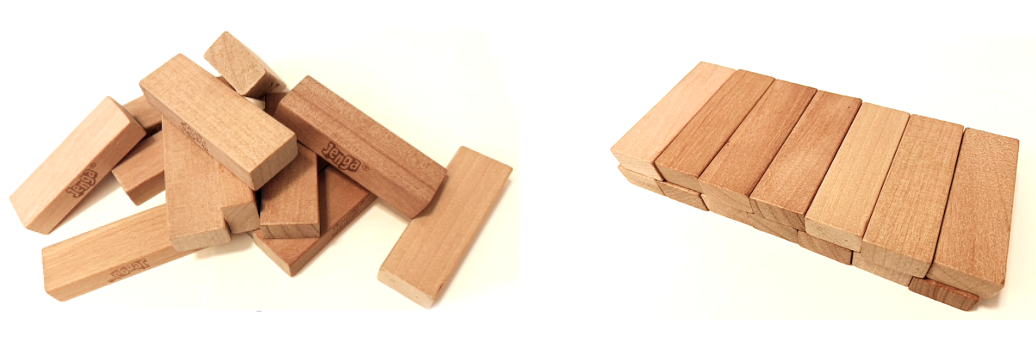 A veces, los agregados son un revoltijo de muchas moléculas de proteína, todas desordenadas como la pila de ladrillos de Jenga en el lado izquierdo. Pero otras veces, las moléculas están mucho más organizadas y forman estructuras repetitivas como los ladrillos de Jenga cuidadosamente apilados en el lado derecho.
